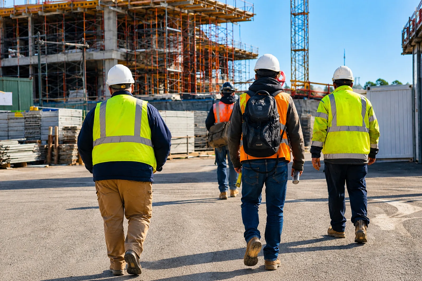 Workers arriving at a construction site